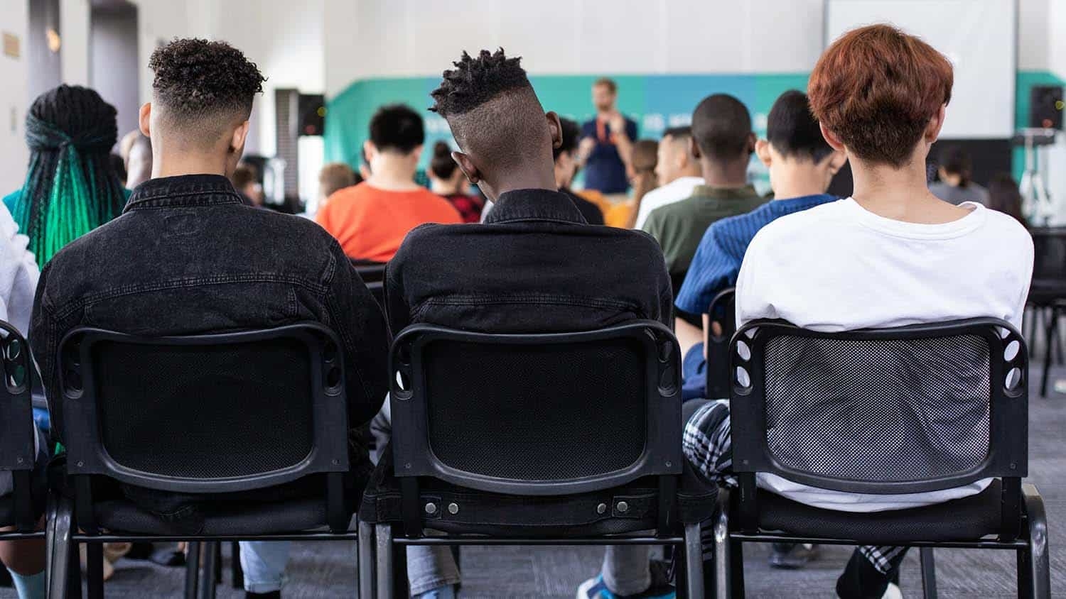 photo shows a classroom of students watching a teacher. the hairstyles of the three kids in the back row suggest they are of different races (you only see them from behind)