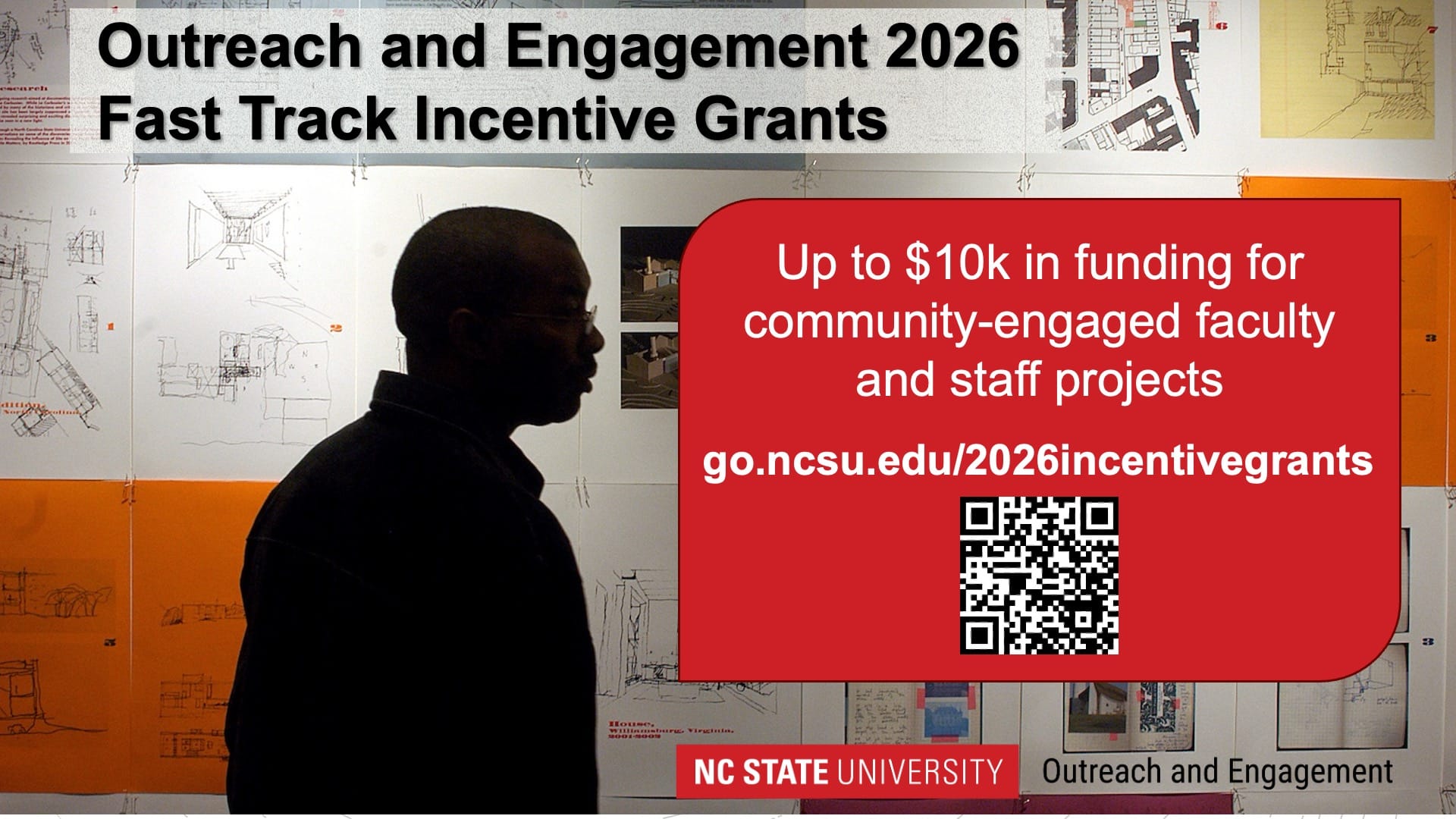 Graphic for Outreach and Engagement 2026 Fast Track Incentive Grants. NC State University Outreach and Engagement. Up to $10k in funding for community-engaged faculty and staff projects. go.ncsu.edu/2026incentivegrants